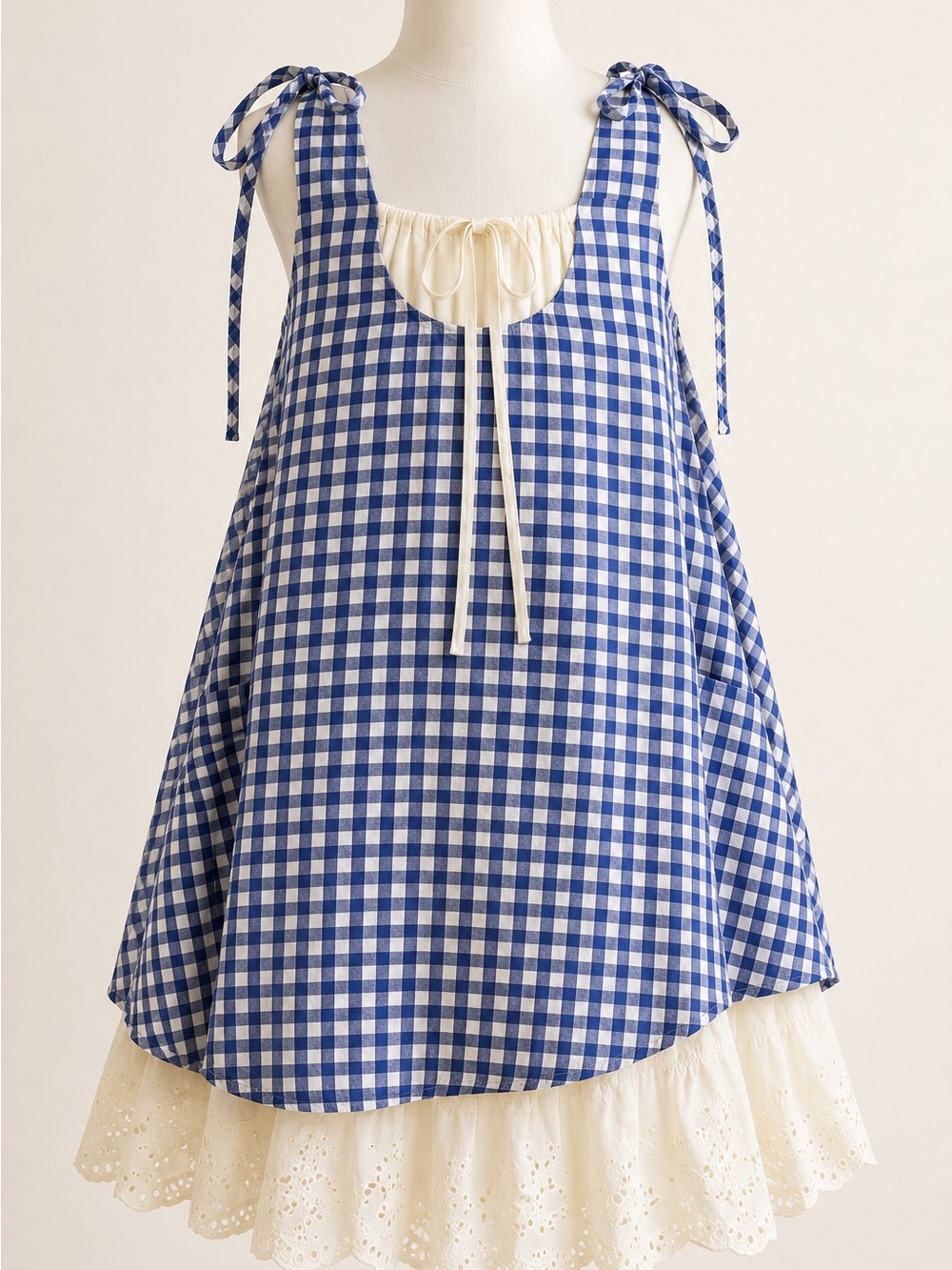 NWT Hunaif Girls Blue Gingham Eyelet Lace Dress Size 120 Small